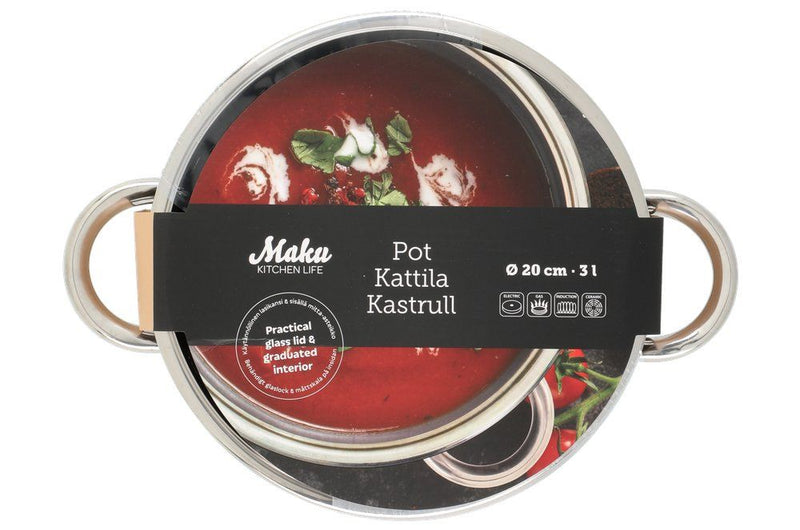 Maku Basic Pot met glazen deksel staal 3 L 20 cm