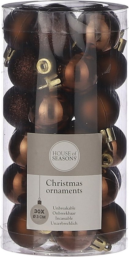 Kleine kunststof kerstballen pakket 3 cm - Onbreekbaar - 30 stuks - Kastanje bruin