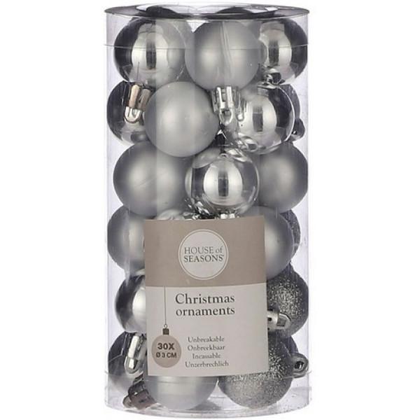 Kleine kunststof kerstballen pakket 3 cm - Onbreekbaar - 30 stuks - Zilver
